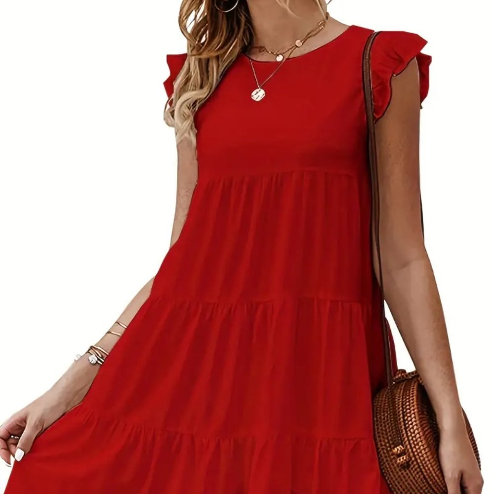 Red Solid Ruffle Trim Dress, Elegant Crew Neck Dress